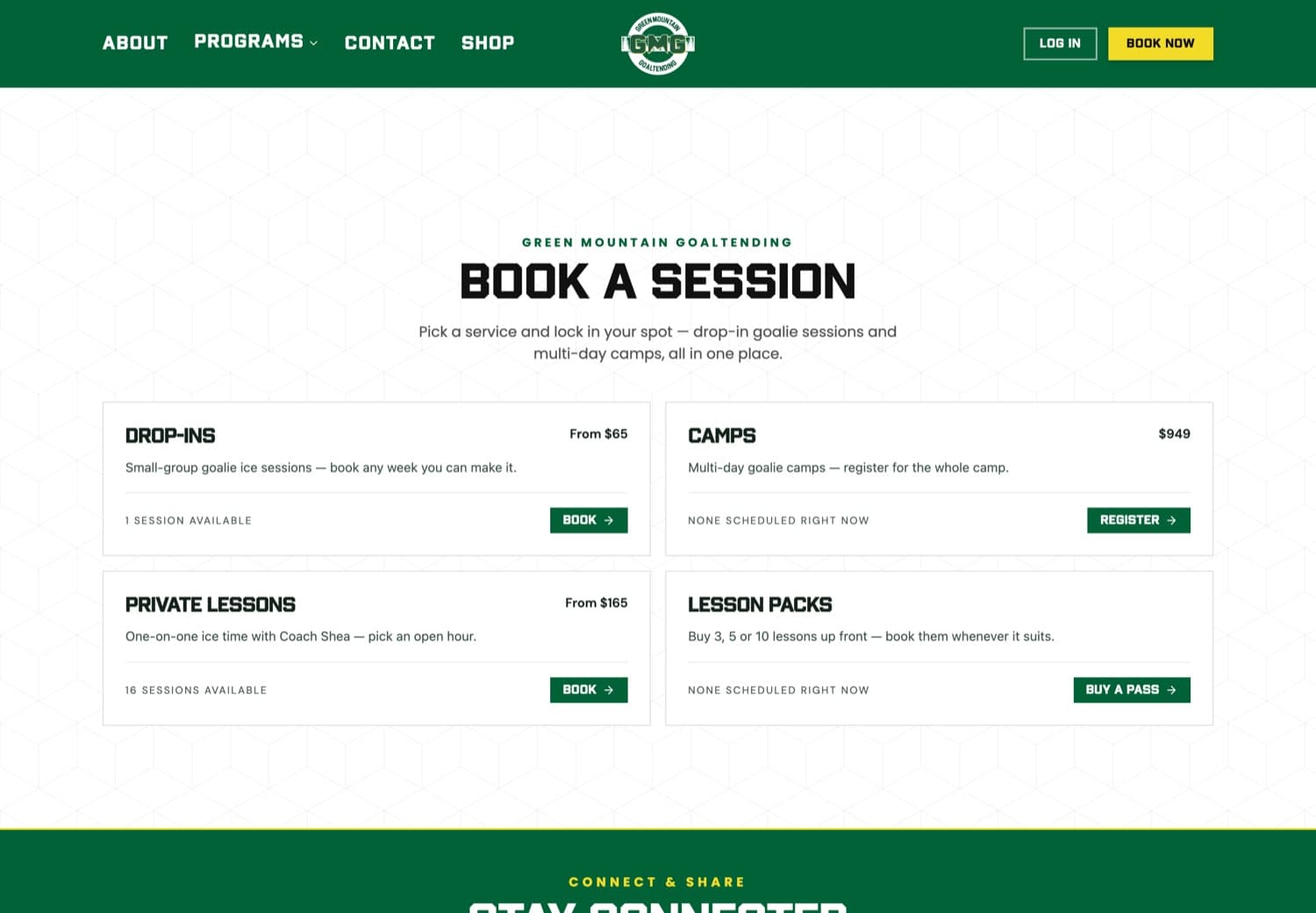 Booking on Green Mountain Goaltending — built by Your Website Friend