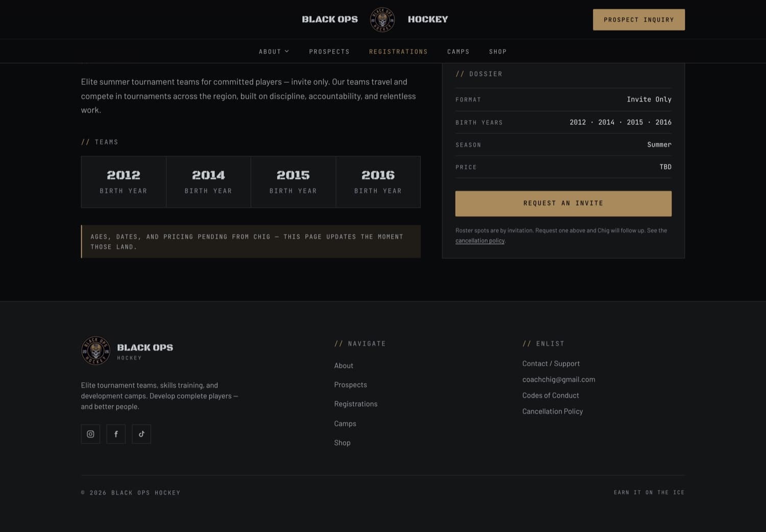 Registering for a season on a client site built by Your Website Friend