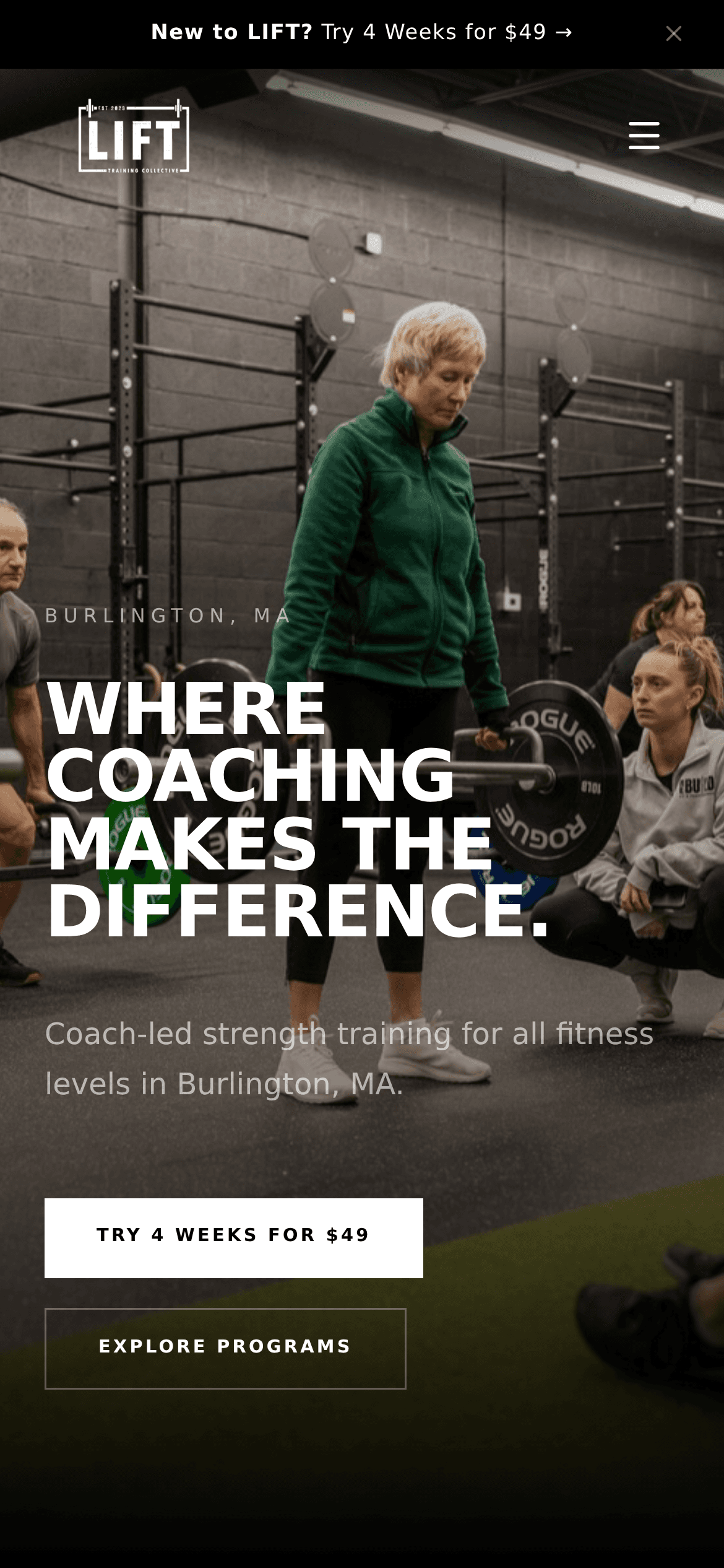 Lift Training Collective — mobile view